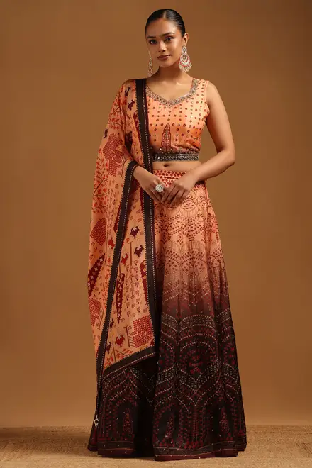 Peach Russian Silk Floral Lehenga With Mirror Work